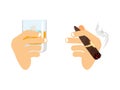 Hand and whiskey with ice. glass of scotch, bourbon. Arm with ci Royalty Free Stock Photo