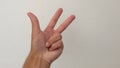 Hand on a white background, part of the body, part of the hand, white skin, three fingers, show the number, in the amount of three