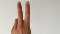 Hand on a white background, part of the body, part of the hand, white skin, two fingers, show the number, in the amount of two, ha