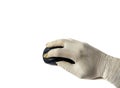 Hand with white latex glove using a computer mouse in a laboratory on white background. medical concept Royalty Free Stock Photo