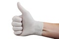 Hand in white medical glove showing approval thumbs up sign isolated on white background