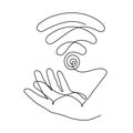 Hand with WI-FI signal one line art,hand drawn pals holds internet hotspot,access point continuous contour.Free zone wireless