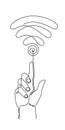 Hand with WI-FI signal one line art,hand drawn pals holds internet hotspot,access point continuous contour.Free zone wireless