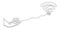 Hand with WI-FI signal one line art,hand drawn pals holds internet hotspot,access point continuous contour.Free zone wireless