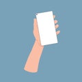 Hand wich holding smartphone with blank screen. Vector cartoons flat design.