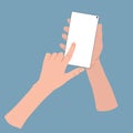 Hand wich holding and touching a smartphone with blank screen. Vector cartoons flat design.