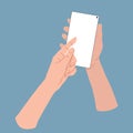 Hand wich holding and touching a smartphone with blank screen. Vector cartoons flat design. Hands holding and touching a smartphon