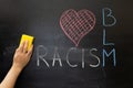 A hand wipes the word racism off the chalkboard with a sponge. Black lives matter