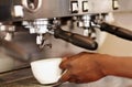 Hand, woman barista using coffee machine and expresso or latte being made. Closeup, female waiter working in restaurant Royalty Free Stock Photo