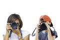 Hand woman and boy holding the camera Taking pictures on a white background Royalty Free Stock Photo