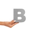 Hand of woman, capital letter B and presentation of consonant isolated on white background. Character, font and palm