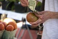 Hand of woman counting out US dollars as she holds a tomato shes getting ready to buy at a farmers market