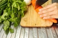 Hand of woman cutting carrots and vegetables on a wooden board. Royalty Free Stock Photo