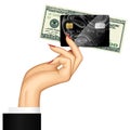 Hand of woman holding credit card and dollar banknote