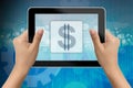 Hand of woman holding digital tablet with dollar icon