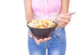 Hand woman holding fresh vegetable salad tuna in black cup Royalty Free Stock Photo