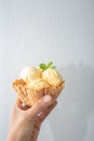 Hand of woman holding homemade vanilla ice cream of the cup on a gray wall. vertical Royalty Free Stock Photo