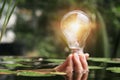 hand woman holding light bulb in water, innovation and inspiration Royalty Free Stock Photo