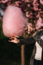 Hand of woman holding a pink cotton candy Royalty Free Stock Photo
