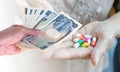 hand woman with Japanese currency yen bank notes on blurred back Royalty Free Stock Photo