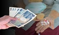 hand woman with Japanese currency yen bank notes on blurred back Royalty Free Stock Photo