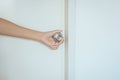 Hand woman open pvc door toilet room,Door knob Royalty Free Stock Photo