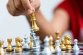 Hand of woman playing chess for business tactic and planning met