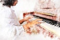 Hand of woman playing keyboard of the piano foreground Watercolor painting background and Digital illustration brush to art.