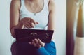 Hand woman pointing photo album at home,Memory time photos Royalty Free Stock Photo