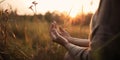 Hand of woman practicing meditation yoga in lotus position on nature sunset Royalty Free Stock Photo