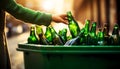 Hand of Woman Recycling a Glass Beer Bottle Into a Green Container for Glass - Generative Ai