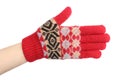 Hand of woman in red woolen glove. White background Royalty Free Stock Photo