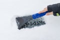 Hand of a woman Scraping snow and ice from the car windscreen