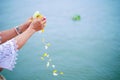 Hand of woman throwing yellow and white flower petals into the river blurred background Royalty Free Stock Photo