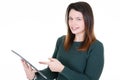 Hand woman touching screen on modern digital tablet pc Royalty Free Stock Photo