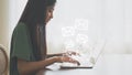 Hand of woman using computer laptop and sending online message with email icon Royalty Free Stock Photo