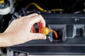 Hand a women check level of engine oil in the engine room basic service of car concept