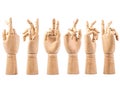 Hand of wood doll make fingers to touch on white bakground