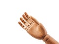 Hand of wood doll make fingers to touch on white bakground