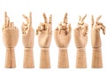 Hand of wood doll make fingers to touch on white bakground