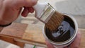 hand of wood professional painting with impregnating agent, for wood a brown Royalty Free Stock Photo