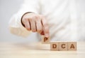 Hand and word PDCA Plan, Do, Check, Act made with building blocks