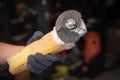 Hand of worker man hold Grinder blades broken . Dangers of using