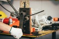 Hand of worker man , industrial bender equipment machine for me Royalty Free Stock Photo