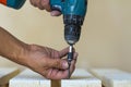 Hand of a worker screws a in a wooden board with a cordles Royalty Free Stock Photo