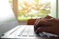 Hand of the worker He is using a computer Hands on the keyboard. Find the information on the internet at the corporate office. Royalty Free Stock Photo