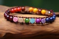 hand-woven chakra bracelet with colored beads arranged by chakras