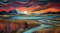 Hand Woven Cloth Painting Of Water And Mountains In Sunset