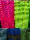 Hand woven cloth typical of west Manggarai tribe called Songke cloth using natural dyes was displayed at shop in airport for sold Royalty Free Stock Photo