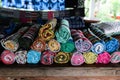 Hand-woven textiles of farmers` groups have colorful and simple patterns. Royalty Free Stock Photo